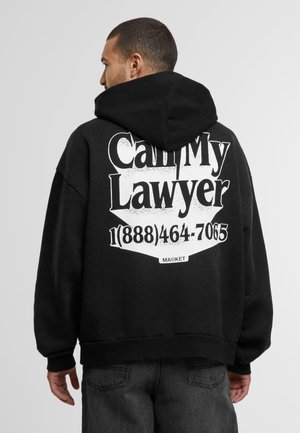 Black hoodie with a large white printed text on the back reading "Call My Lawyer" and a phone number. Soft fabric and relaxed fit.