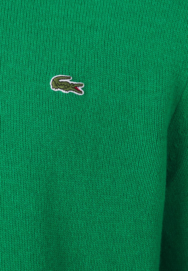Maglione verde lavorato a maglia con un piccolo logo ricamato a forma di coccodrillo in colori a contrasto. La texture è liscia con un motivo a coste.
