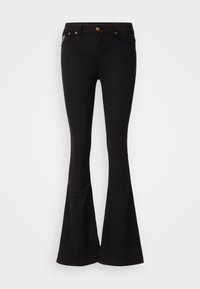 Mustat levenevät farkut, jotka on valmistettu denimistä. Niissä on istuva vyötärö, kultaiset metalliosat ja siisti, saumaton muotoilu.