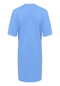 Tyrkysové tričko, krátké rukávy, kulatý výstřih, měkká bavlněná směs, volný střih a hladký zadní design bez ozdob.