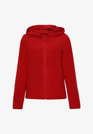 Chaqueta de forro polar roja con cremallera en la parte delantera y capucha. Presenta mangas largas y un acabado suave y texturizado. Diseño sencillo sin acentos adicionales.