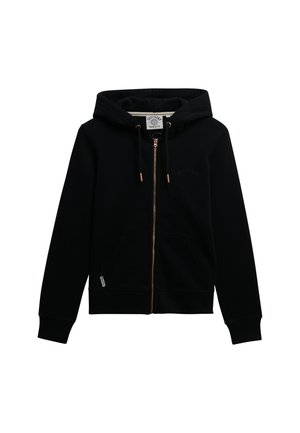 Zwarte zip-up hoodie van zachte stof, met een gevoerde capuchon, twee voorkanten zakken en gouden accenten op de rits en de trekkoorden.