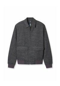 Grauer Wolljacke mit Reißverschluss, Kragen, zwei Fronttaschen und gerippten Bündchen. Hat eine glatte Textur und ein streamlined Design.