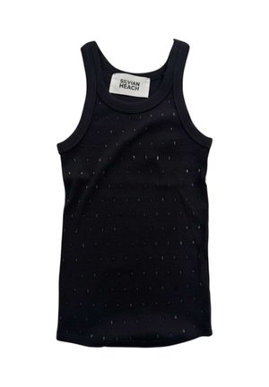Canottiera nera senza maniche con una sottile texture a pois e etichetta Silvian Heach cucita all'interno della scollatura.