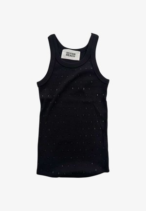 Canottiera nera senza maniche con una sottile texture a pois e etichetta Silvian Heach cucita all'interno della scollatura.
