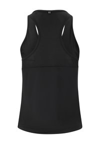 Schwarzes sportliches Tanktop mit Racerback-Design, aus atmungsaktivem Stoff gefertigt und mit einem oberen Netzpanel für Belüftung.
