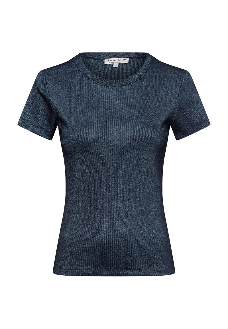 Dark blue short-sleeved t-shirt with a ribbed texture, round neck, and fitted design. Made from a soft, shiny fabric. Size tag visible.