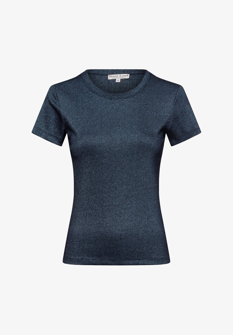 Dark blue short-sleeved t-shirt with a ribbed texture, round neck, and fitted design. Made from a soft, shiny fabric. Size tag visible.