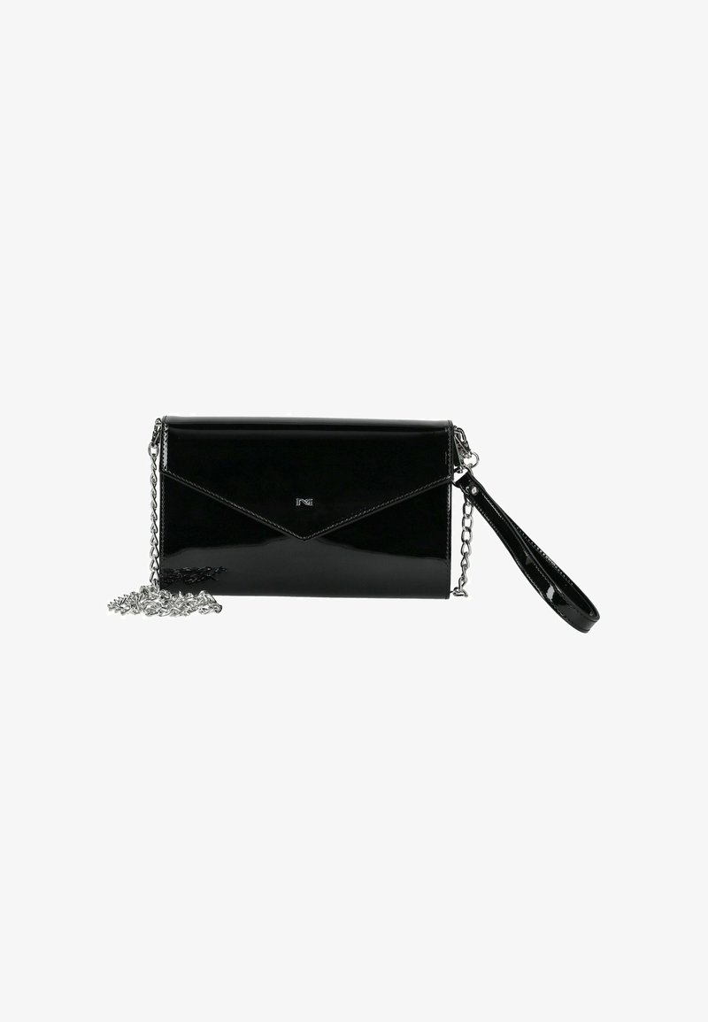 Glänzende schwarze Umschlag-Clutch mit silberner Kettenriemen und Handgelenkhalter, die ein kleines silbernes Logo auf der Vorderklappe zeigt.