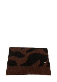 Écharpe en tricot à motifs marron et noir avec une texture douce et un logo bien en vue d'un côté, présentant un design abstrait irrégulier.