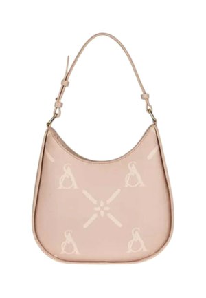 Piccola borsa a tracolla in pelle rosa pallido con una singola tracolla e cuciture decorative sottili sul davanti.