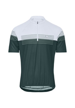 Herenfietsjersey met korte mouwen, wit bovenstuk en groen onderstuk, met horizontale strepen over de borst en een kraag met voorrits.