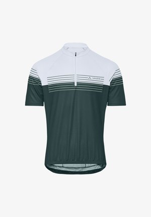 Maglia da ciclismo da uomo a maniche corte, parte superiore bianca con parte inferiore verde, righe orizzontali sul petto e zip frontale sul colletto.