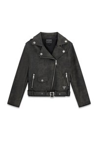 Chaqueta ajustada de cuero sintético negro con herrajes plateados, bolsillos con cremallera, cintura con cinturón y cierre frontal asimétrico.