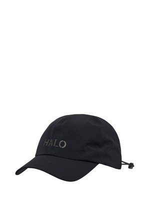 Sort kasket lavet af letvægtsstof med en buet skygge. Har et sølvfarvet "HALO" logo og en justerbar snor bagpå.