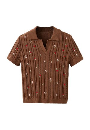 Jersey marrón de manga corta tejido con patrón de trenzas y pequeños detalles bordados de flores rojas y rosas, con cuello y escote en forma de V.