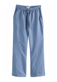Pantaloni cu lățime mare, de culoare bleu deschis, cu bandă elastică la talie și șnur, având două buzunare laterale și un material neted, texturat.