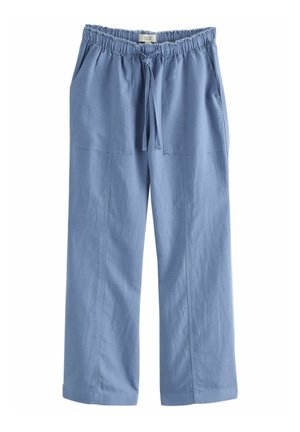 Light blue, wide-leg trousers with an elastic waistband and drawstring, featuring two side pockets and a smooth, textured fabric.