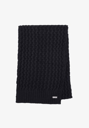 Écharpe tricotée bleu marine foncé avec tissage texturé et bord inférieur côtelé. Petite étiquette de marque visible dans un coin. Matière douce en laine.