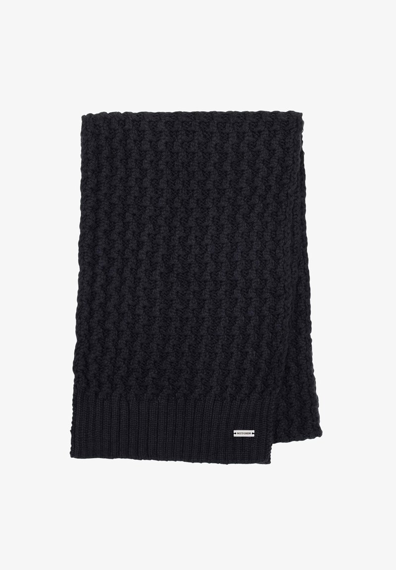 Sciarpa lavorata a maglia in blu navy scuro con trama testurizzata e bordo inferiore a coste. Piccola etichetta del marchio visibile all'angolo. Morbido materiale in lana.