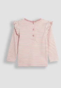 Camicia a maniche lunghe a righe rosa e bianche, con dettagli arricciati sulle spalle e chiusura a tre bottoni sul retro. Tessuto morbido e leggero.