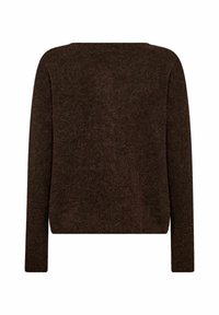 Tumši brūns džemperis ar mīkstu, teksturētu adījumu. Ar garām piedurknēm un brīvu piegriezumu. Vienkāršs dizains bez redzamām rakstām vai detalizējuma.