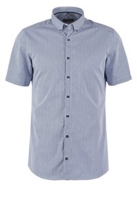 Košile s krátkým rukávem, zapínaná na knoflíky, ve vzoru námořnicky modro-bílých kostek, s límcem a tmavými knoflíky, vyrobená z tkané látky.