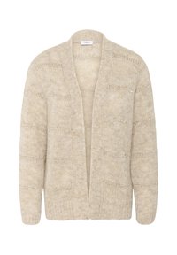 Beżowy sweter kardigan o luźnym kroju, z otwartym przodem, teksturowanymi detalami i subtelnymi poziomymi paskami. Miękki materiał o przytulnym wyglądzie.