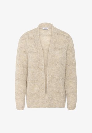 Beige gestrickte Strickjacke mit einer lockeren Passform, offenem Vorderteil, strukturierten Details und subtilen horizontalen Streifen. Weiches Material mit einem gemütlichen Erscheinungsbild.