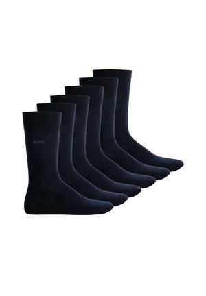 Sei paia di calzini blu navy scuro, realizzati in un materiale morbido, presentano un bordo a coste e una finitura liscia, progettati per comfort e durata.