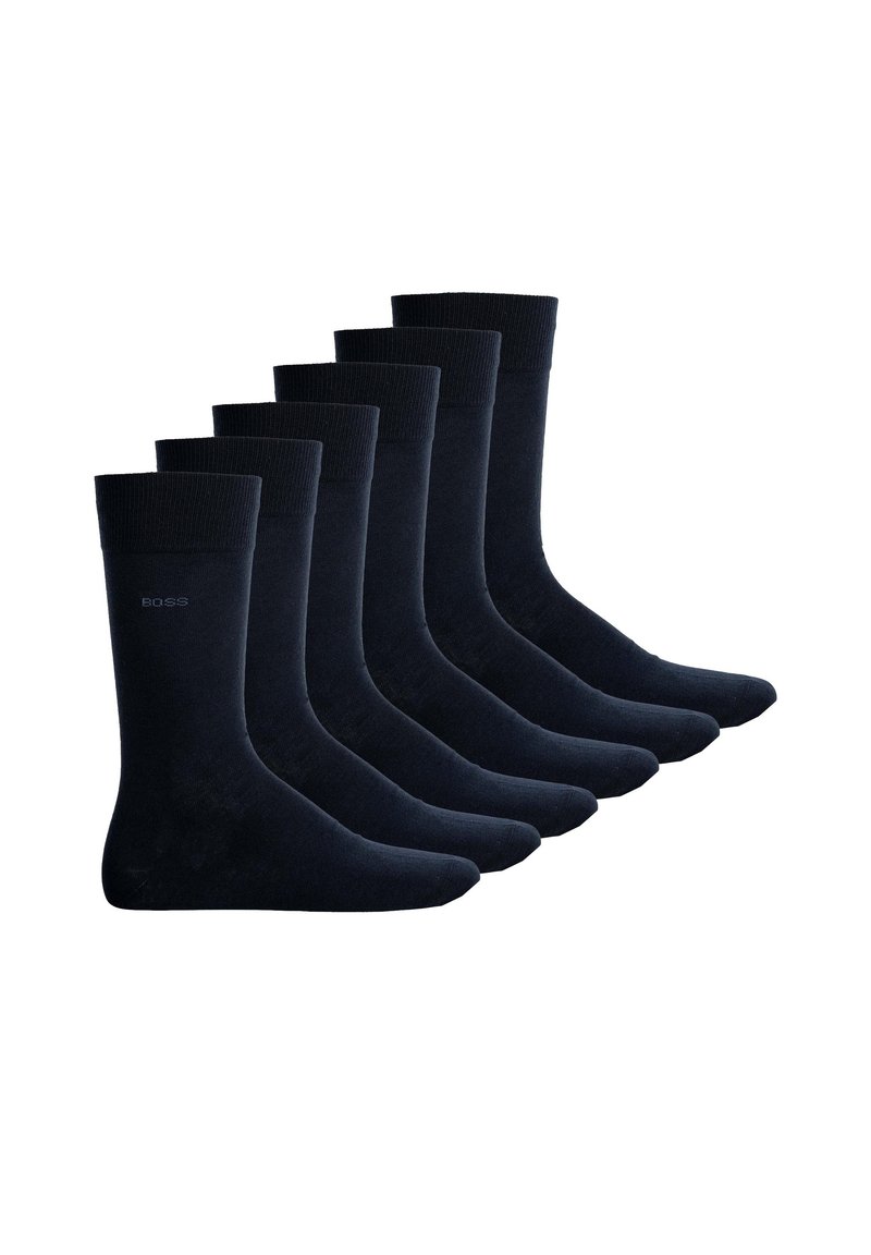 Sei paia di calzini blu navy scuro, realizzati in un materiale morbido, presentano un bordo a coste e una finitura liscia, progettati per comfort e durata.