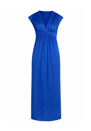 Blaues ärmelloses Maxikleid mit tiefem V-Ausschnitt, geraffter Taille und kleinem Zierknopf auf der linken Seite.