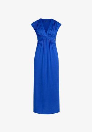 Blauwe mouwloze maxi-jurk met diepe V-hals, geplooide taille en kleine decoratieve knoop aan de linkerkant.