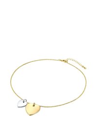 Guld kædearmbånd med to hjertecharmer - et guld og et sølv - med en struktureret kant, suppleret med en lobsterklips og forlængerkæde.