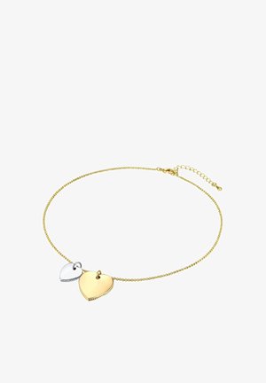 Guld kædearmbånd med to hjertecharmer - et guld og et sølv - med en struktureret kant, suppleret med en lobsterklips og forlængerkæde.