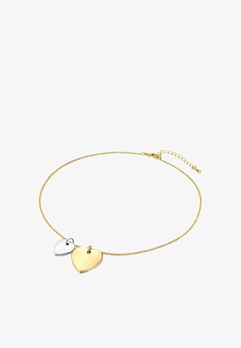 Guld kædearmbånd med to hjertecharmer - et guld og et sølv - med en struktureret kant, suppleret med en lobsterklips og forlængerkæde.