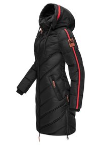 Black padded coat with a hood, featuring diagonal stitching, red stripes on the sleeves, and zippered side pockets. Brown logo patch included.