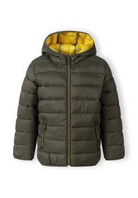 Child's olive green puffer jacket with hood lined in bright yellow fabric and front zipper closure with zippered pockets.