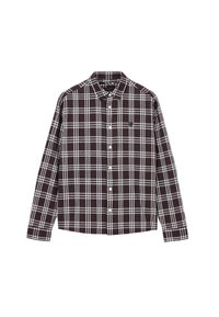 Camicia a maniche lunghe in tartan bordeaux scuro e bianco, con colletto button-down e un piccolo logo ricamato sul petto.