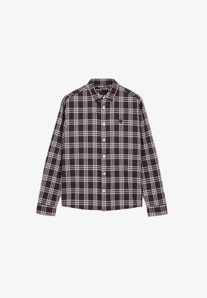 Langarmshirt in donker maroon met een wit geruit patroon, met een button-down kraag en een klein geborduurd logo op de borst.