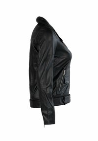 Melna ādas jaka ar augstu apkakli, rāvējslēdzēja kabatu un strukturētu dizainu. Raksturo gluda tekstūra un piegriezums pēc pasūtījuma.