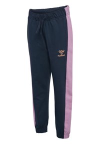 Marina joggers med ljusrosa sidopaneler, elastisk midja och snörning. Har en liten orange logotyp på vänstra låret.