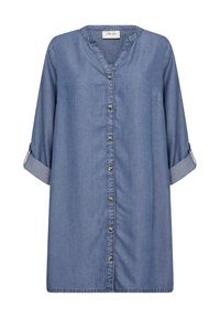 Hellblaue Jeanshemd mit V-Ausschnitt, drei Viertelärmeln und Knöpfen vorne. Verfügt über aufgerollte Manschetten und subtile Nahtdetails.