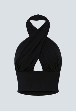 Haut noir sans manches à col halter avec de larges bretelles croisées et une ceinture élastique ajustée, présenté sur un fond gris uni.