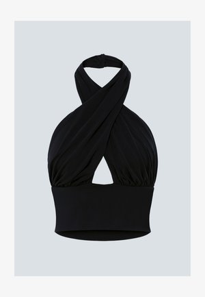 Haut noir sans manches à col halter avec de larges bretelles croisées et une ceinture élastique ajustée, présenté sur un fond gris uni.