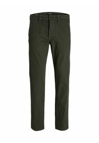 Olive green trousers made of cotton, featuring a straight-leg design, front pockets, and a button closure with a belt loop waistband.