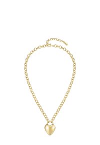 Gouden ketting met ronde schakels en een gepolijste hart hanger in het midden. Verstelbare sluiting met een klein label.