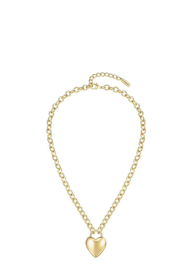 Gouden ketting met ronde schakels en een gepolijste hart hanger in het midden. Verstelbare sluiting met een klein label.