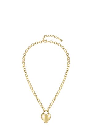 Gouden ketting met ronde schakels en een gepolijste hart hanger in het midden. Verstelbare sluiting met een klein label.