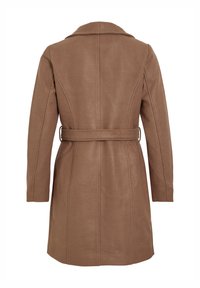 Brun ullblandad kappa med en figursydd siluett, bred krage och bälte. Har rena linjer och långa ärmar, perfekt för lager-på-lager.